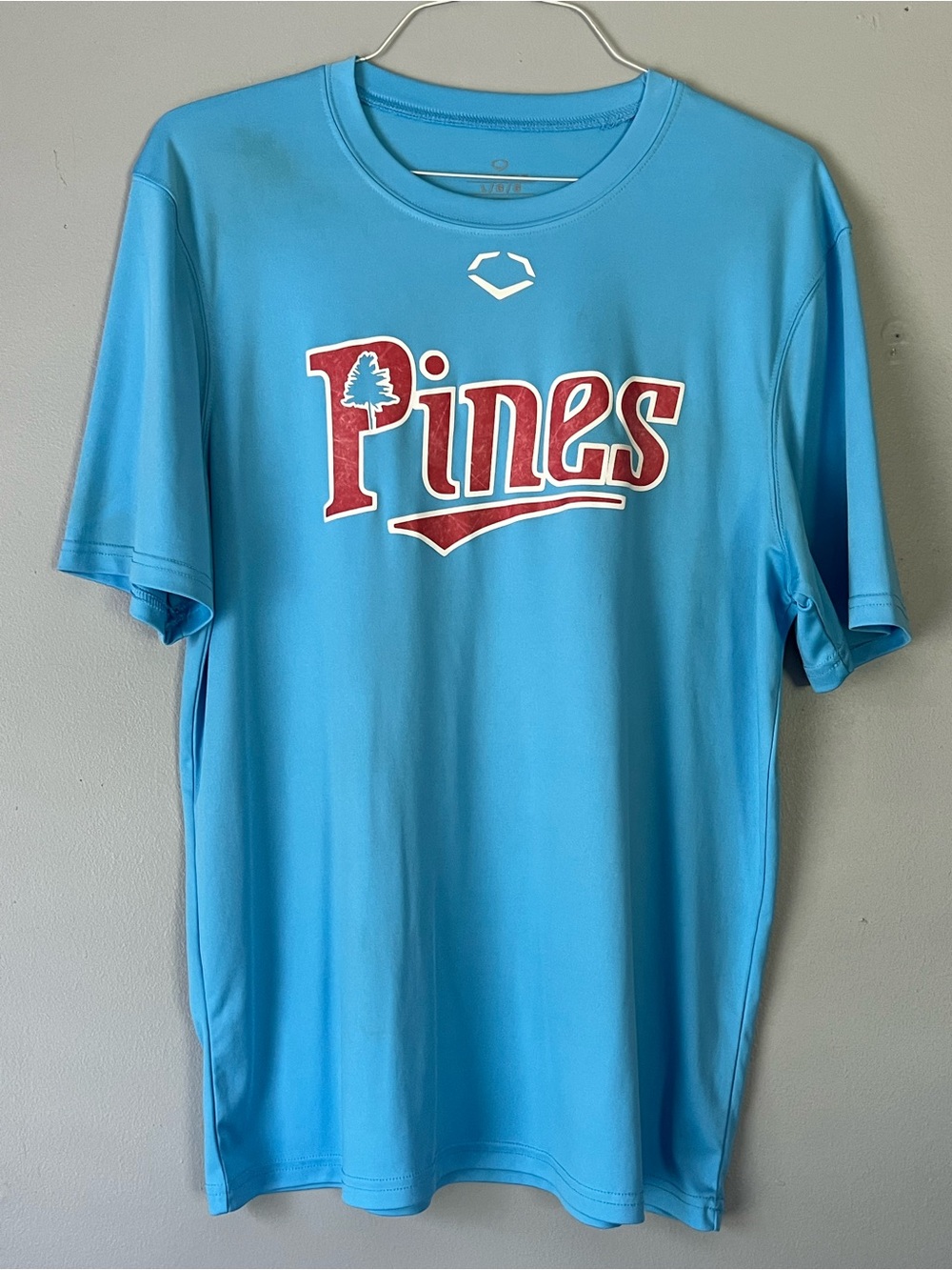 Evoshield Pines Logo Athletic Tee in Bright Aqua with Red Accent men’s large